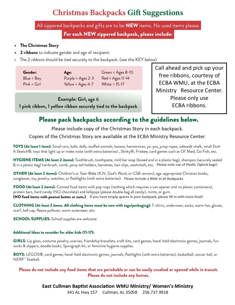 Christmas Backpacks Ministry East Cullman Baptist Association